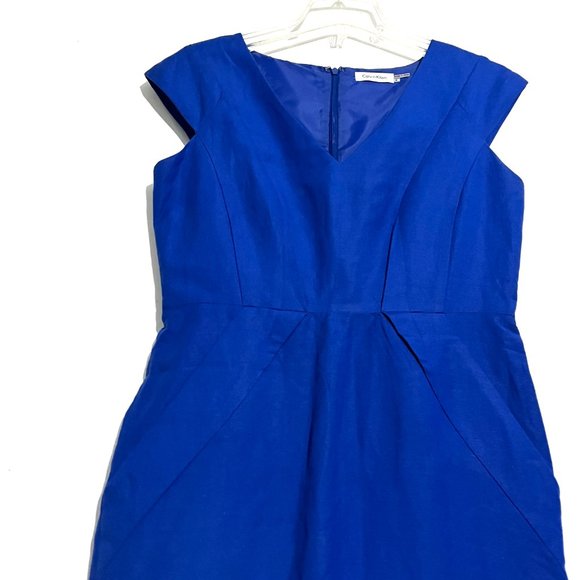 Classic Blue Linen-Blend Career Sheath Dress with Side Pockets - Picture 14 of 17